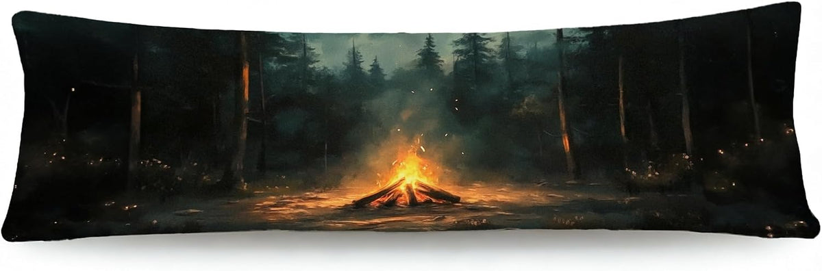 Dark Moody Forest Campfire Camping 20x54 Body Pillow Cover, Camping Decor for Camper, Rustic Pine Tree Night Bonfire Long Body Pillowcase with Zipper for Bed Couch