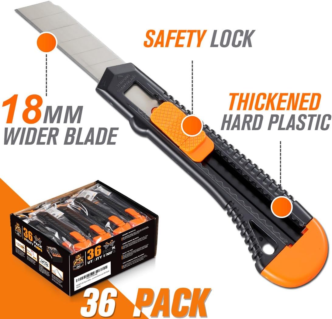 REXBETI 36-Pack Box Cutters, Retractable Utility Knife, 18mm Wide Blade