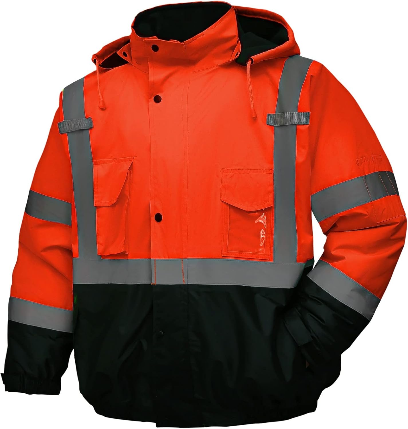 Safety jacket for men,Reflective high Visibility Hooded jacket,Hi-Vis Bomber Jacket with Pockets and Zipper,Waterproof,Black Bottom,ANSI/ISEA 107-2020 Type R Class 3,Black