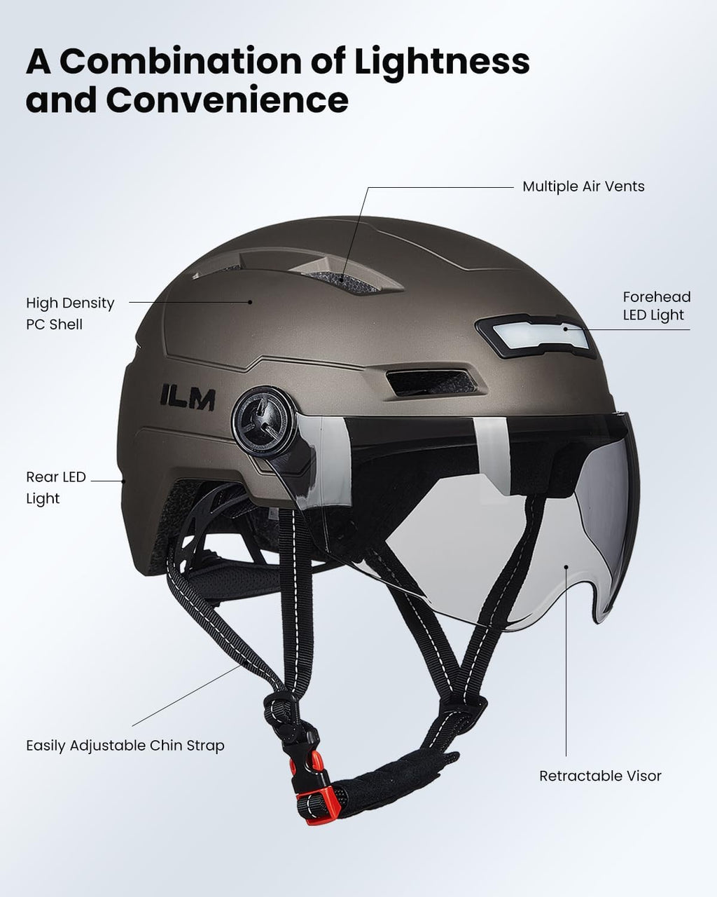 ILM Adult Bike Helmet with LED Front Back Light Bicycle Helmets E3-10L