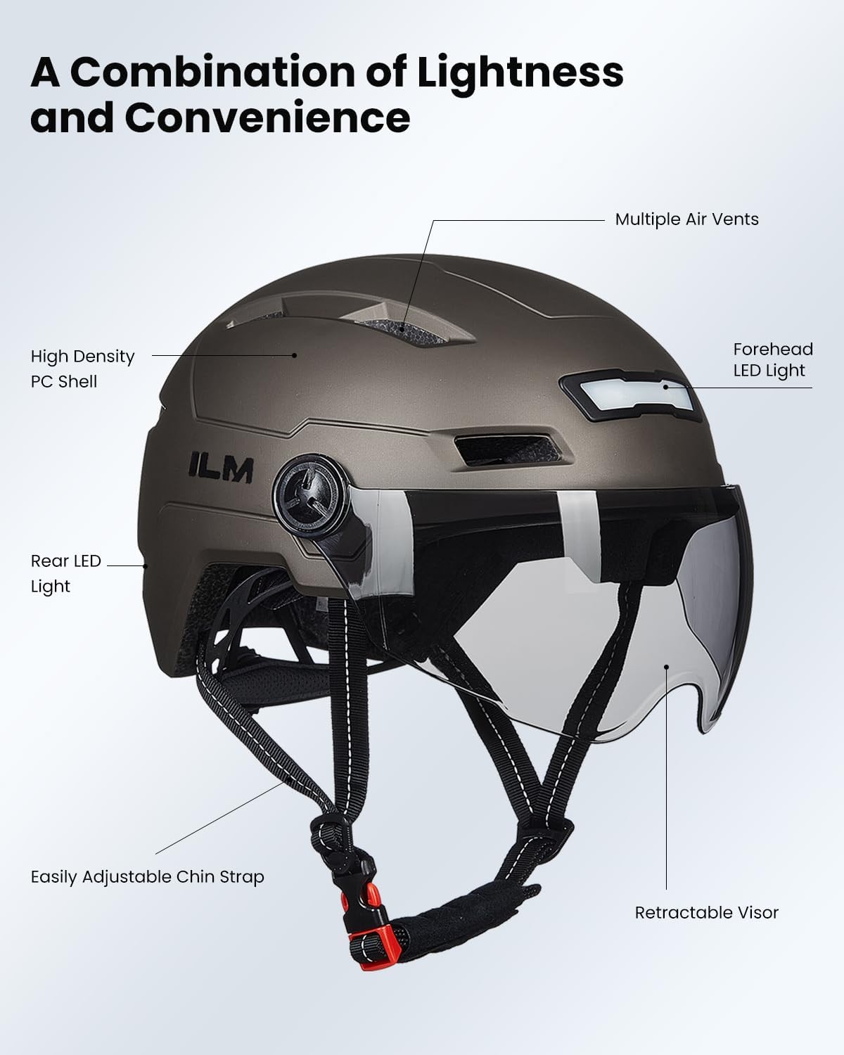 ILM Adult Bike Helmet with LED Front Back Light Bicycle Helmets E3-10L