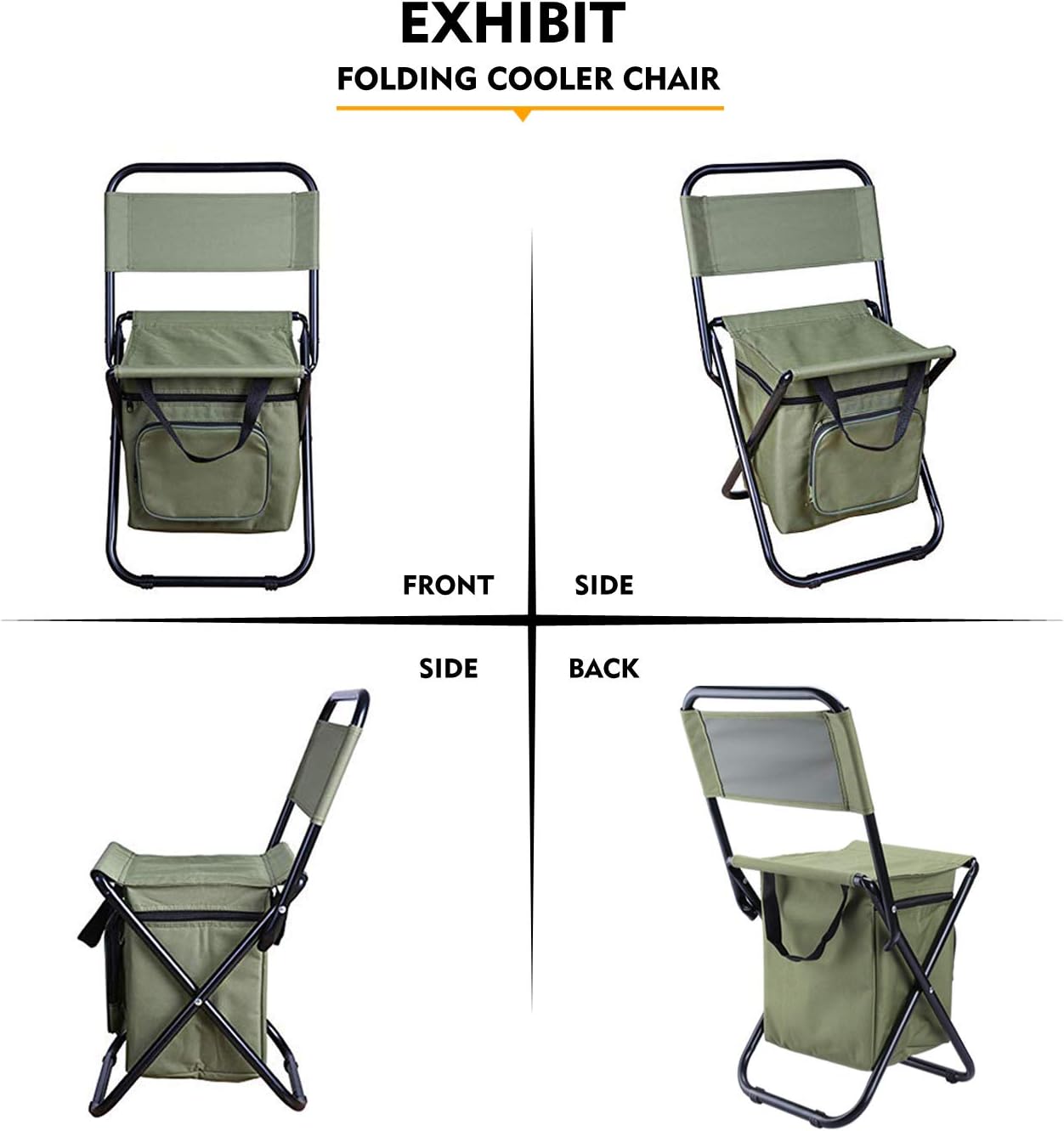 LEADALLWAY Fishing Chair with Cooler Bag Compact Fishing Stool Foldable Small Hunting Chair 12.2" Seat Depth,12.6" Seat Width