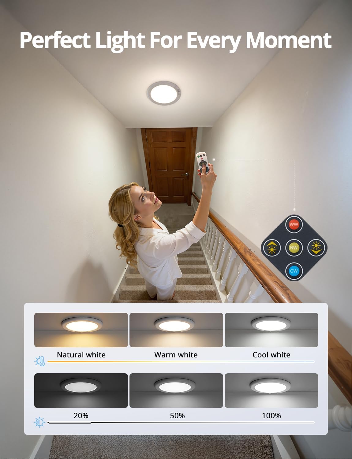 Combuh Rechargeable Motion Sensor Ceiling Light with Remote Wireless, 60 Days Battery Powered Shower Lamp Magnetic Dimming Timing Stick on Cordless Lighting for Closet Pantry without Electricity 2Pack