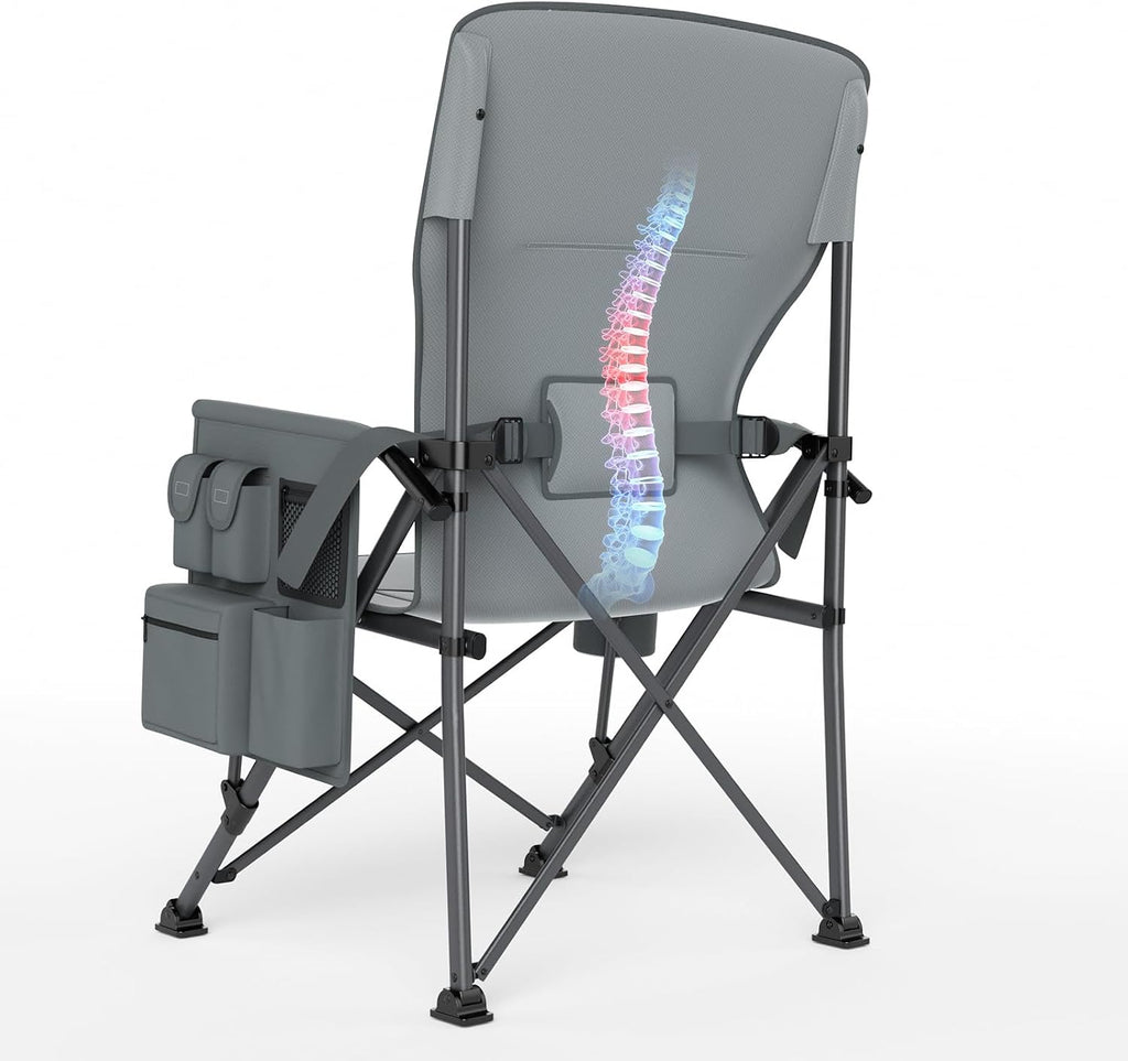 TIMBER RIDGE Oversized Folding Camping Chair with Lumbar Support Adjustable High Back Heavy Duty for Adults Support up to 500lbs with Cup Holder, Cooler Bag, Side Pocket, Grey