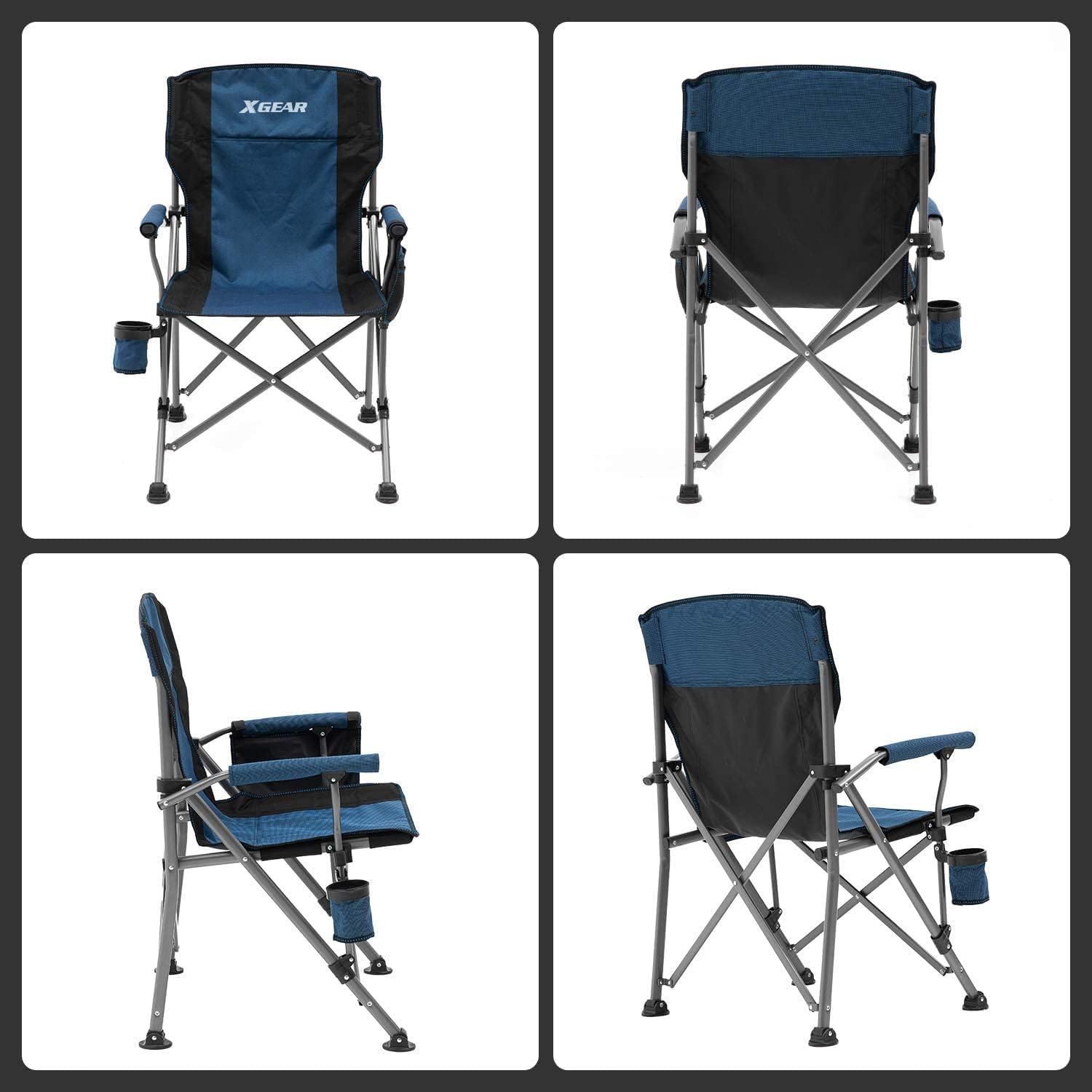XGEAR 330LB Heavy Duty High Back Hard Arm Camping Chair with Cup Holder