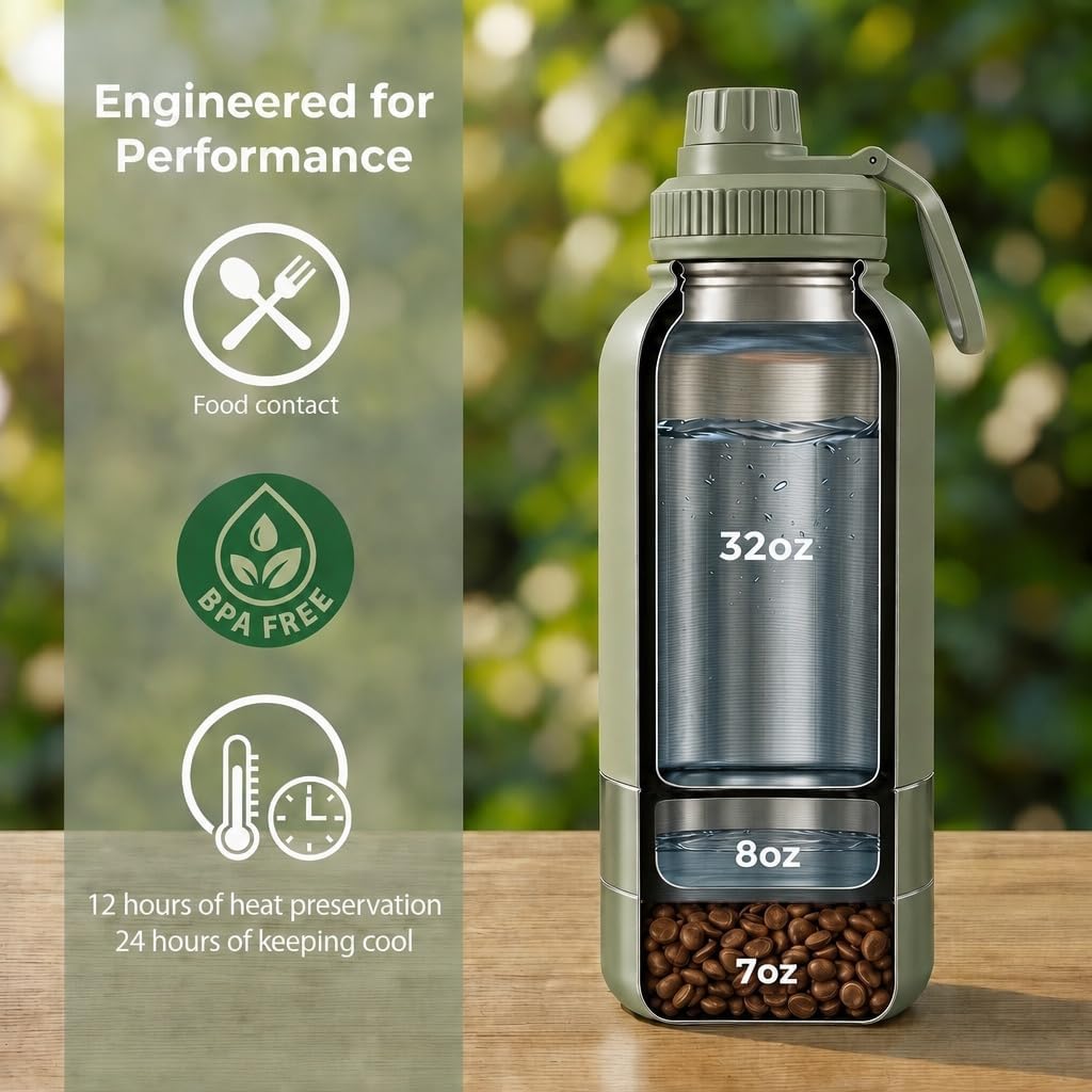 RYNVALE 32oz Insulated Stainless Steel Pet Water Bottle with Dog Bowl