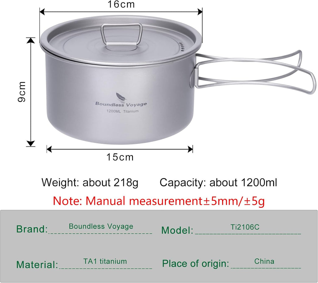 iBasingo 1.2L Titanium Pot Camping Cookware with Lid Ti2106C