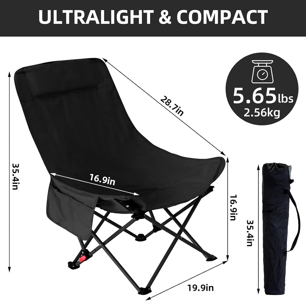 Camping Chairs for Adults, Beach Chairs for Adults, Lawn Chairs with Adjustable Backrest Suitable for Patio/Fishing/Beach/Camp, Includes A Storage Bag (Black)