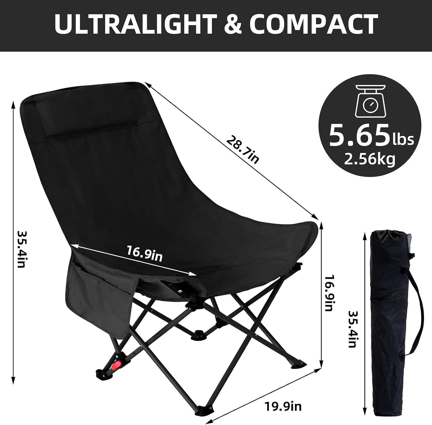Camping Chairs for Adults, Beach Chairs for Adults, Lawn Chairs with Adjustable Backrest Suitable for Patio/Fishing/Beach/Camp, Includes A Storage Bag (Black)