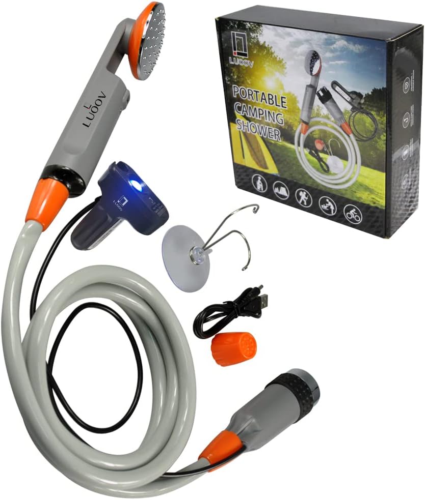 Portable Camping Shower, Compact Shower Pump with USB Rechargeable Battery, Handheld Outdoor Shower Head for Camping, Hiking, Traveling, w/3.7V Pump, 6-Ft Hose, Bidet Head (Upgraded)
