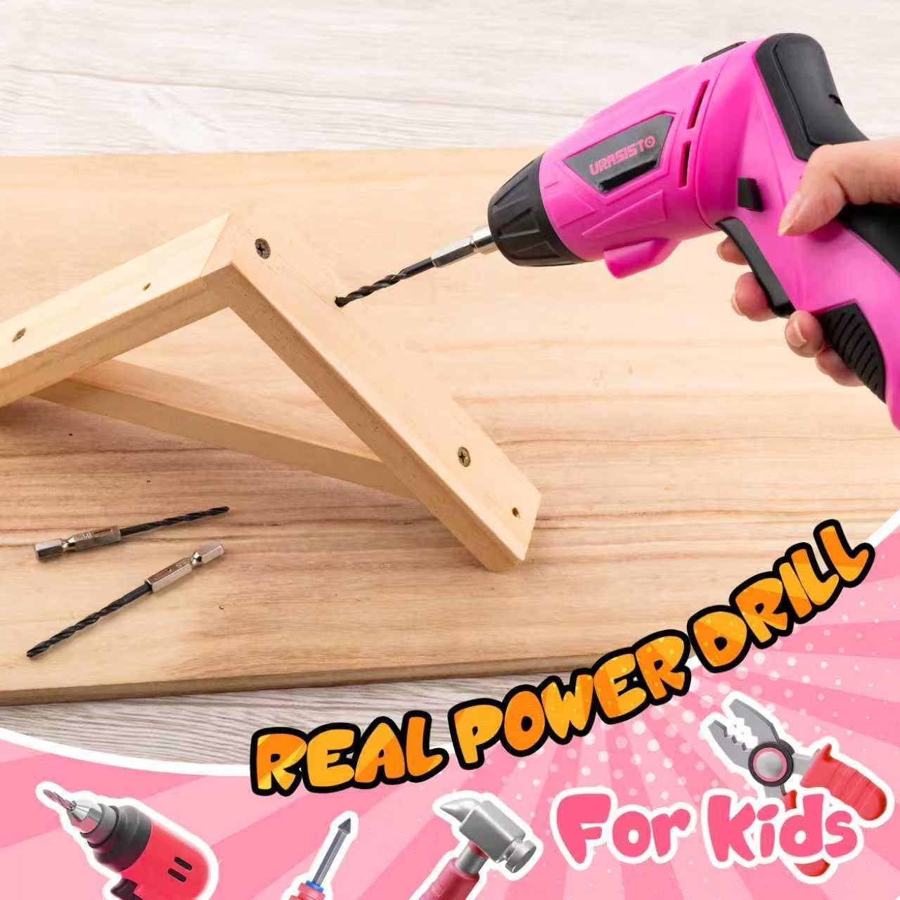 URASISTO 55-Piece Kids Real Tool Set, Electric Cordless Drill Tool Kit for Children with Interchangeable Bits, Flexible Shaft, Charger, All in Carrying Case, Power Drill Tools Set for Kid, Age 14+