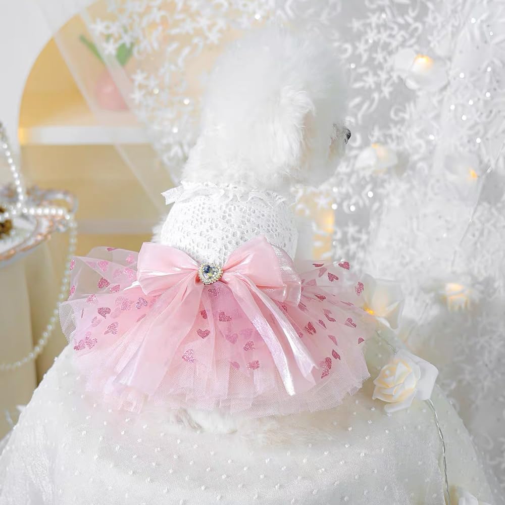 Pink Dog Dress for Small Dog Girl Spring Puppy Clothes with Bow Puff Sleeves Cat Outfit Doggy Princess with Leash Ring Doggies Harness Dress Summer Pet Apparel (Pink White, Medium)
