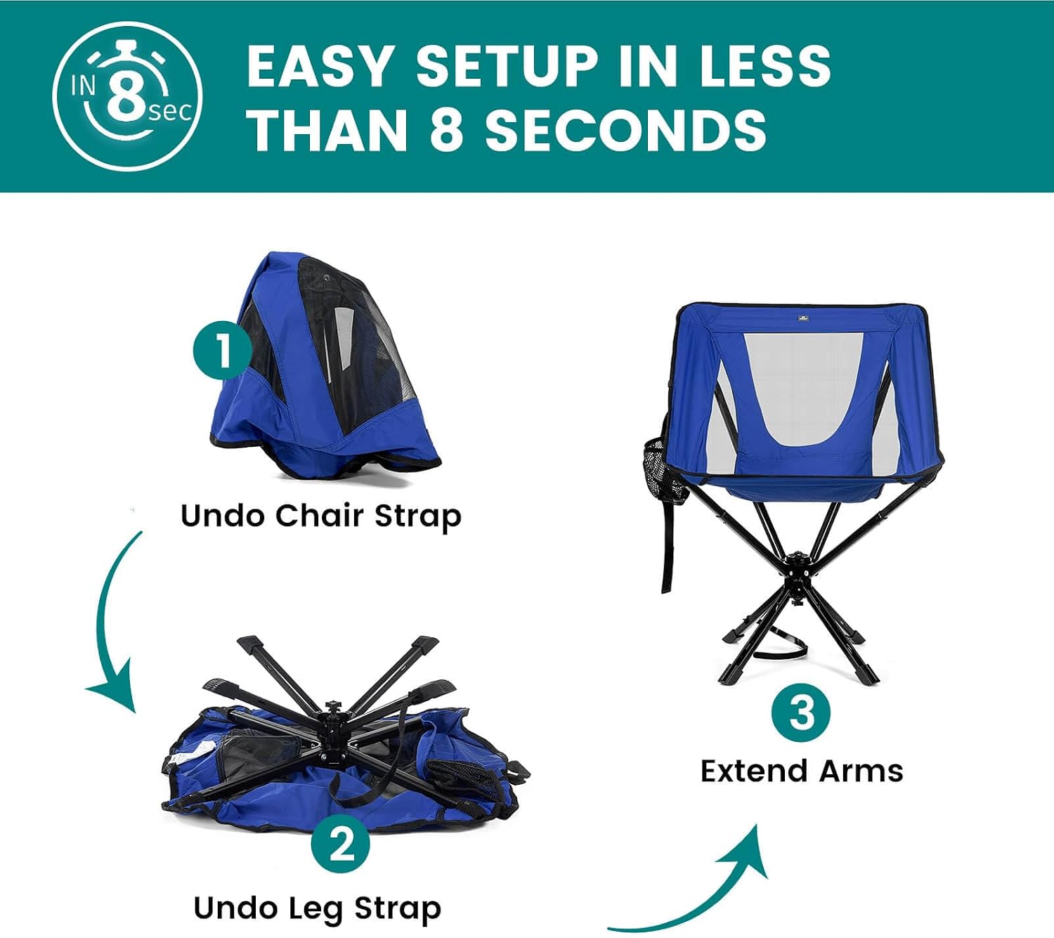 TCEK Portable Camping Chair - SwivelCore 180 Swivel & Auto-Return, Small Compact Lightweight Folding Chairs for Adults, Outdoor Backpack Chair for Adventures, Setup in Seconds, Support 300 LBS