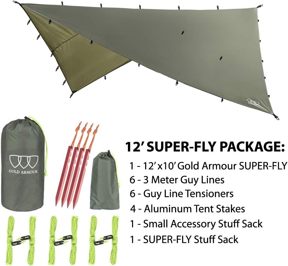 Gold Armour Rainfly Tarp Hammock, Premium 14.7ft/12ft/10ft/8ft Rain Fly Cover, Waterproof Ultralight Camping Shelter Canopy, Survival Equipment Gear Camping Tent Accessories (OD Green 12ft x 10ft)