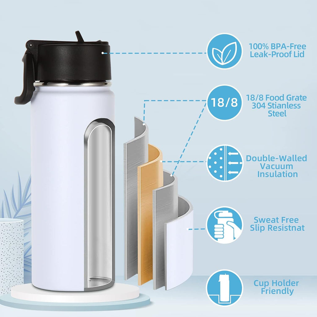Volhoply 16 OZ Kids Water Bottle Bulk 4 Pack,Insulated Sports Bottles with Straw Lid,Stainless Steel Bottle with Handle Keep Cold & Hot,Double Wall Vacuum Tumbler Cups for School(White, 4)