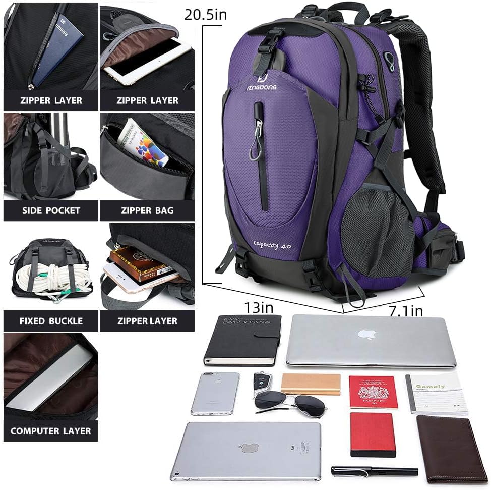 FENGDONG 40L Waterproof Lightweight Hiking,Camping,Travel Backpack for Men Women Purple