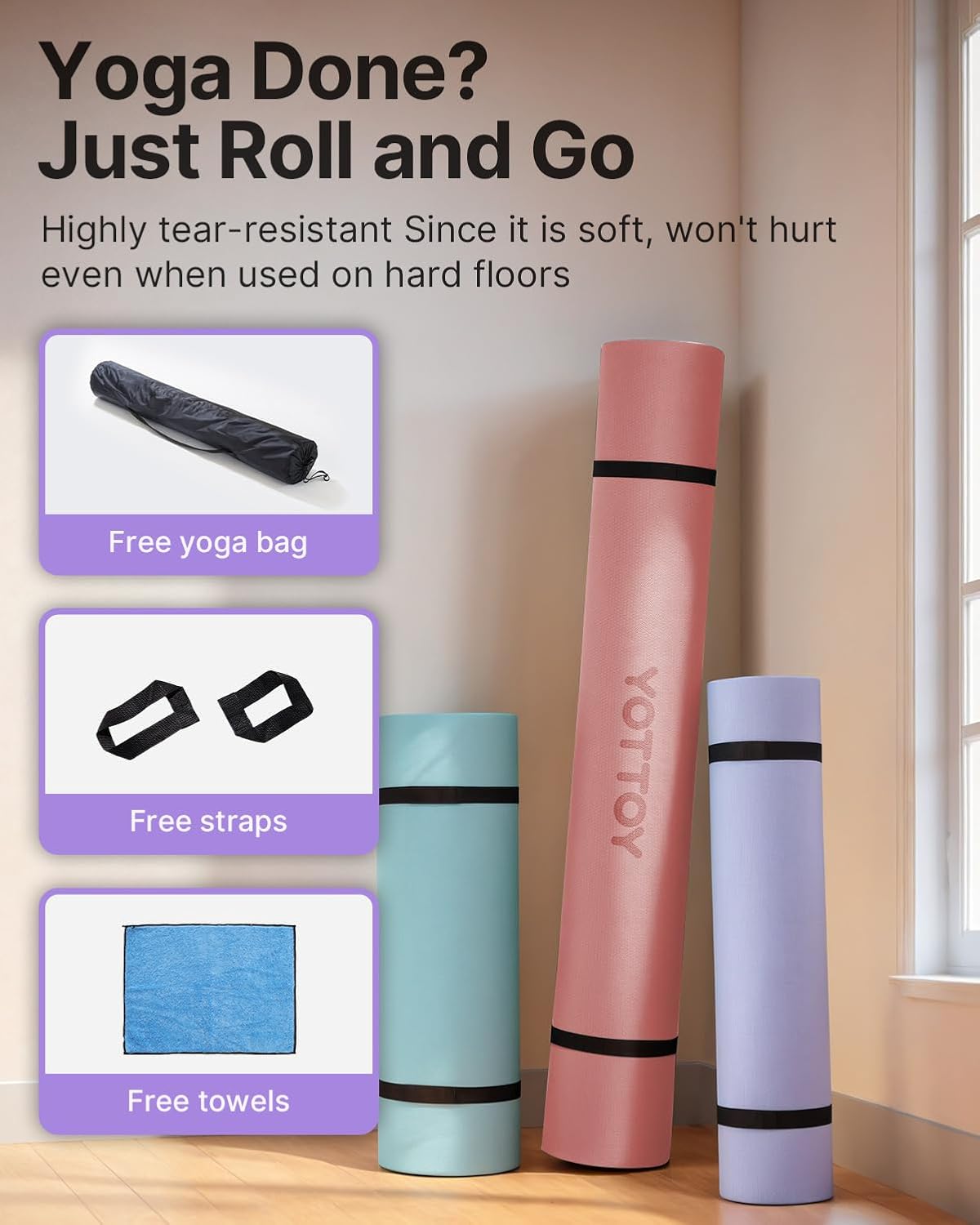 YOTTOY Large Yoga Mat (75 * 52 * 1/2inch),Extra Wide TPE Exercise Mat,Non-Slip Workout Mat for Pilates, Fitness, Barefoot, Home Gym Studio with Strap and Towel