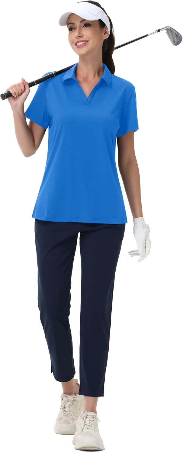 MAGCOMSEN Women's Golf Shirts Short Sleeve Polo Collared Shirt V Neck Quick Dry Sun Protection UPF 50+ Tennis Top