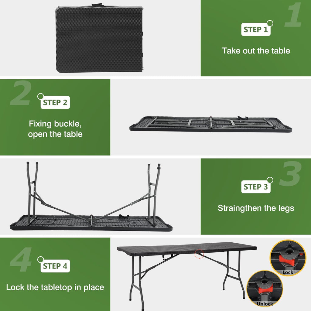 BestOffice | 6FT Folding Table | Black Ratten | Portable Plastic Table