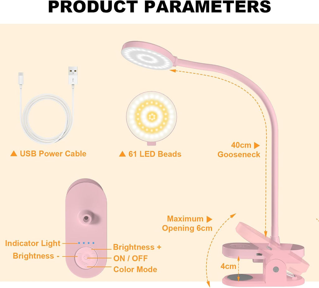 Rechargeable Clip on Light for Bed, Cute LED Reading Lamp for Girls Dorm Room, Portable Book Light with Clamp on Headboard Bedside Table, Flexible Lamp with 3 Color Temp & 10 Brightness (Pink/3.5'')