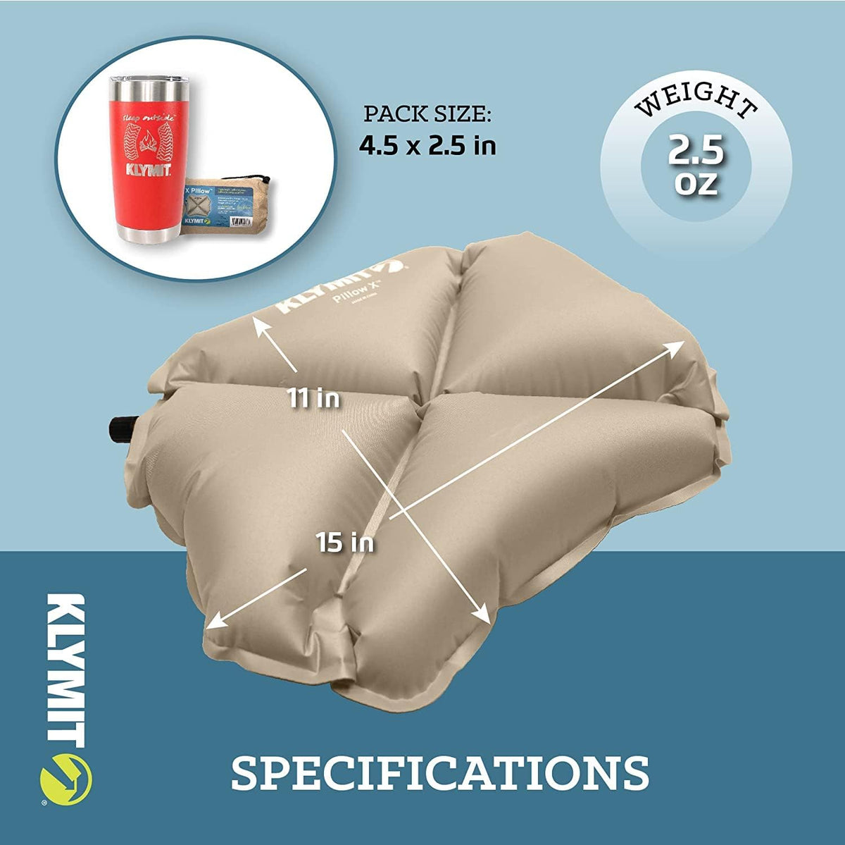 Klymit Pillow X Travel Pillow, Lightweight Inflatable Hybrid Airplane, Backpacking, Hammock, and Camping Pillow