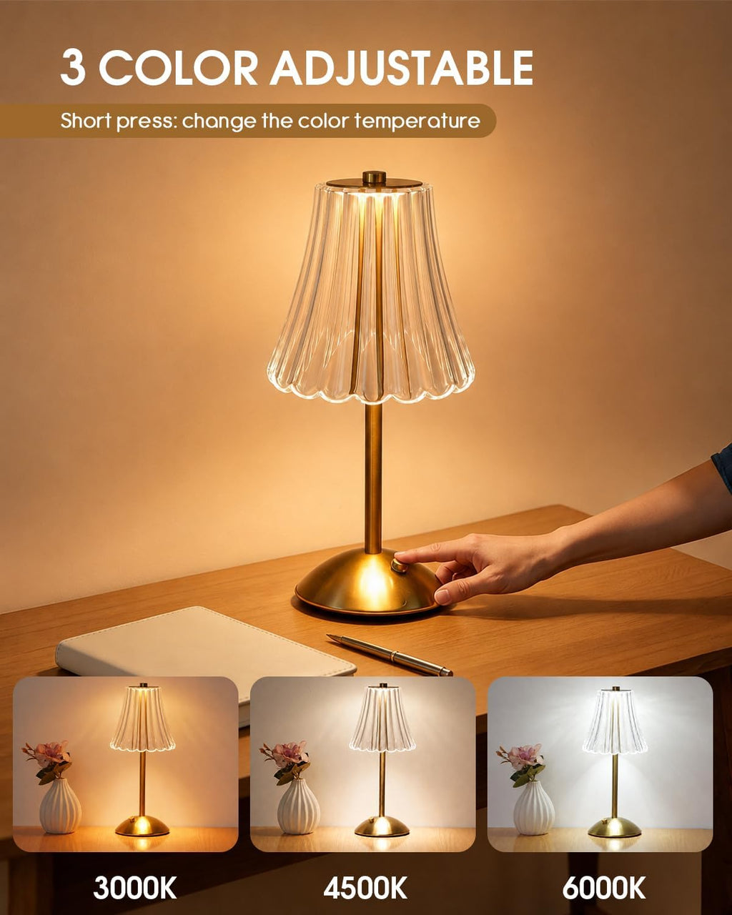 Nusogon Rechargeable Cordless Table Lamp, Gold Touch Crystal Desk Lamp
