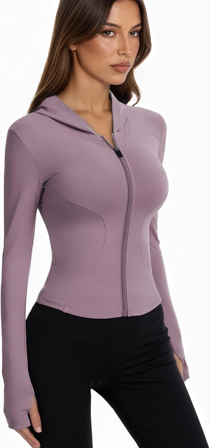 Women Bbl Jackets with Hood Compression Workout Tops Lined or Unlined Lightweight Yoga Gym Jacket with Thumb Hole