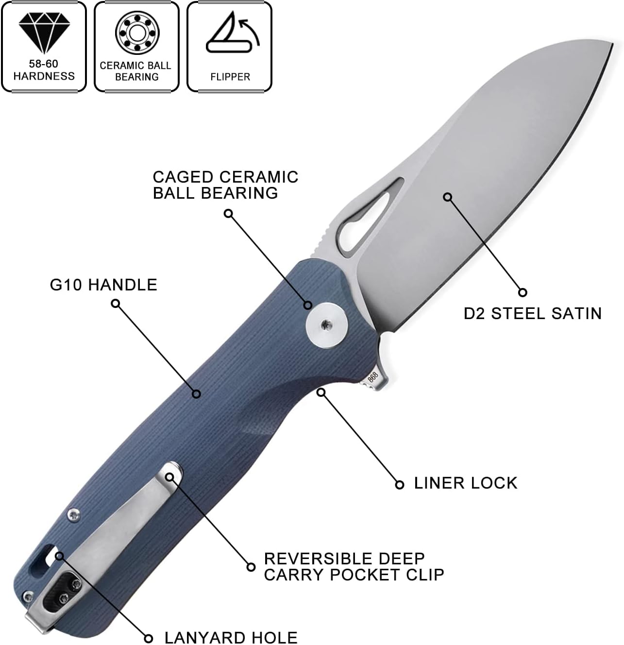Petrified fish PF868 Bunta 3.35" D2 Satin Blade Pocket Folding Knife