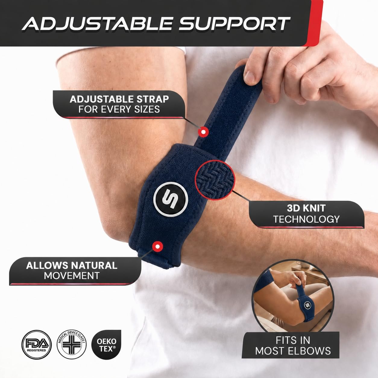 Sleeve Stars Tennis Elbow Brace for Men & Women, Elbow Brace for Tendonitis, Tennis Elbow Strap, Golfers Elbow Brace, Elbow Support Wrap for Tennis Elbow Relief, Fits 9"-23" (Pair/Navy Blue)