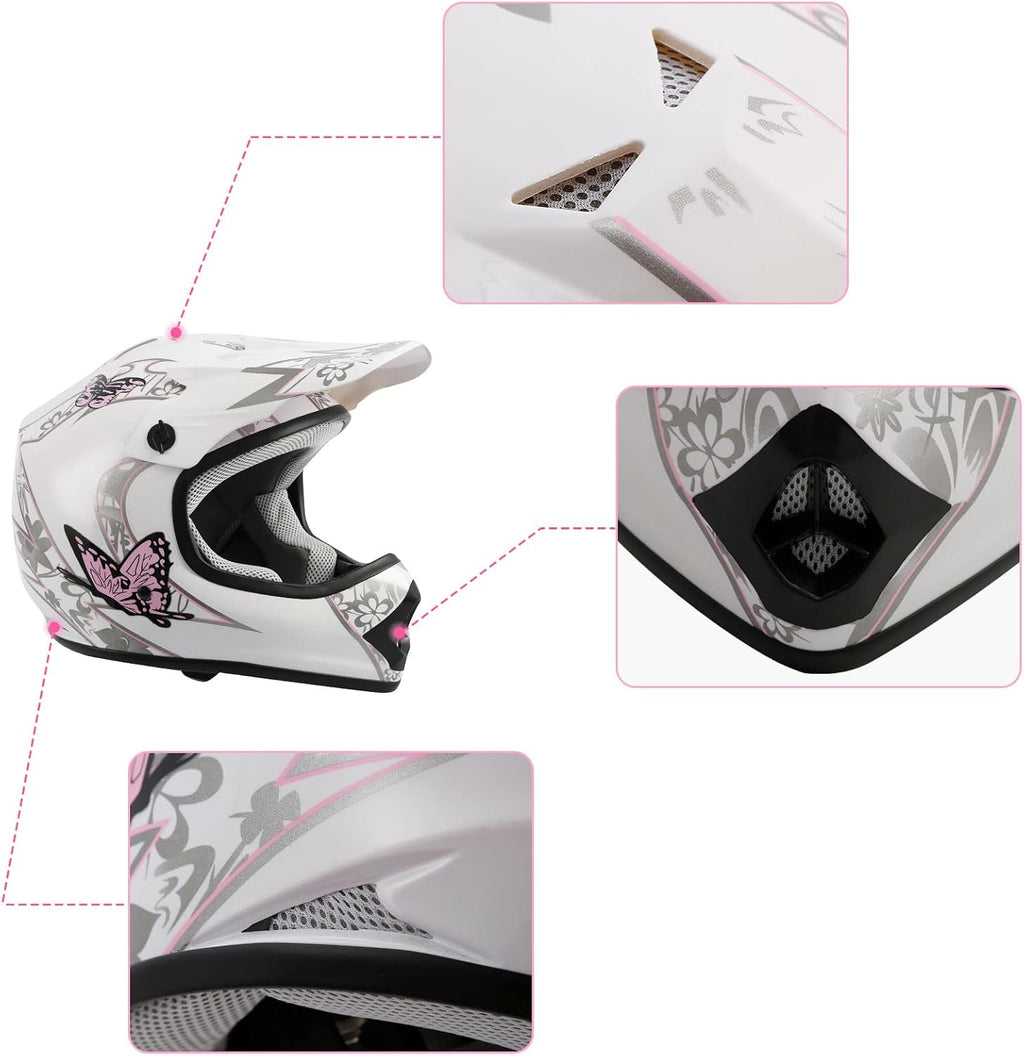 SLMOTO Dot Youth Kids Helmet Motocross Offroad Street Helmet Motorcycle Helmet Dirt Bike Motocross ATV Pink Butterfly Design Helmet+Goggles+Gloves