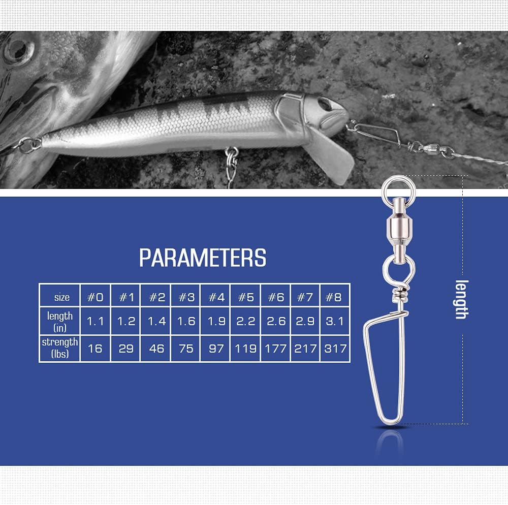 AMYSPORTS Clips Steel Snap Swivels Fishing Ball Bearing Swivels Fishing Saltwater Heavy Barrel Fishing Swivels Stainless White Nickel