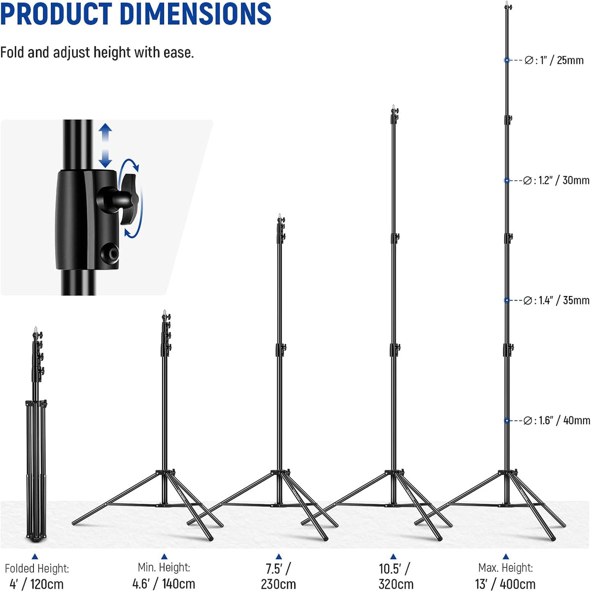 NEEWER 13ft/400cm Air Cushioned Light Stand, Heavy Duty Metal Photography Tripod Stand with 1/4” to 3/8” Reversible Screw Adapter and 3 Way Mounting Interface, Load Capacity: 6.5lb/3kg, ST-400AC