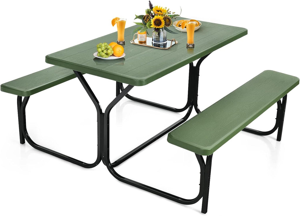 Tangkula Picnic Table Bench Set, Outdoor Picnic Table with 2 Benches, Metal Camping Table with Plastic Wood-Like Texture Tabletop & Steel Frame, Ideal for Picnic, Party, Garden, Lawn (Green)