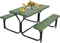 Tangkula Picnic Table Bench Set, Outdoor Picnic Table with 2 Benches, Metal Camping Table with Plastic Wood-Like Texture Tabletop & Steel Frame, Ideal for Picnic, Party, Garden, Lawn (Green)