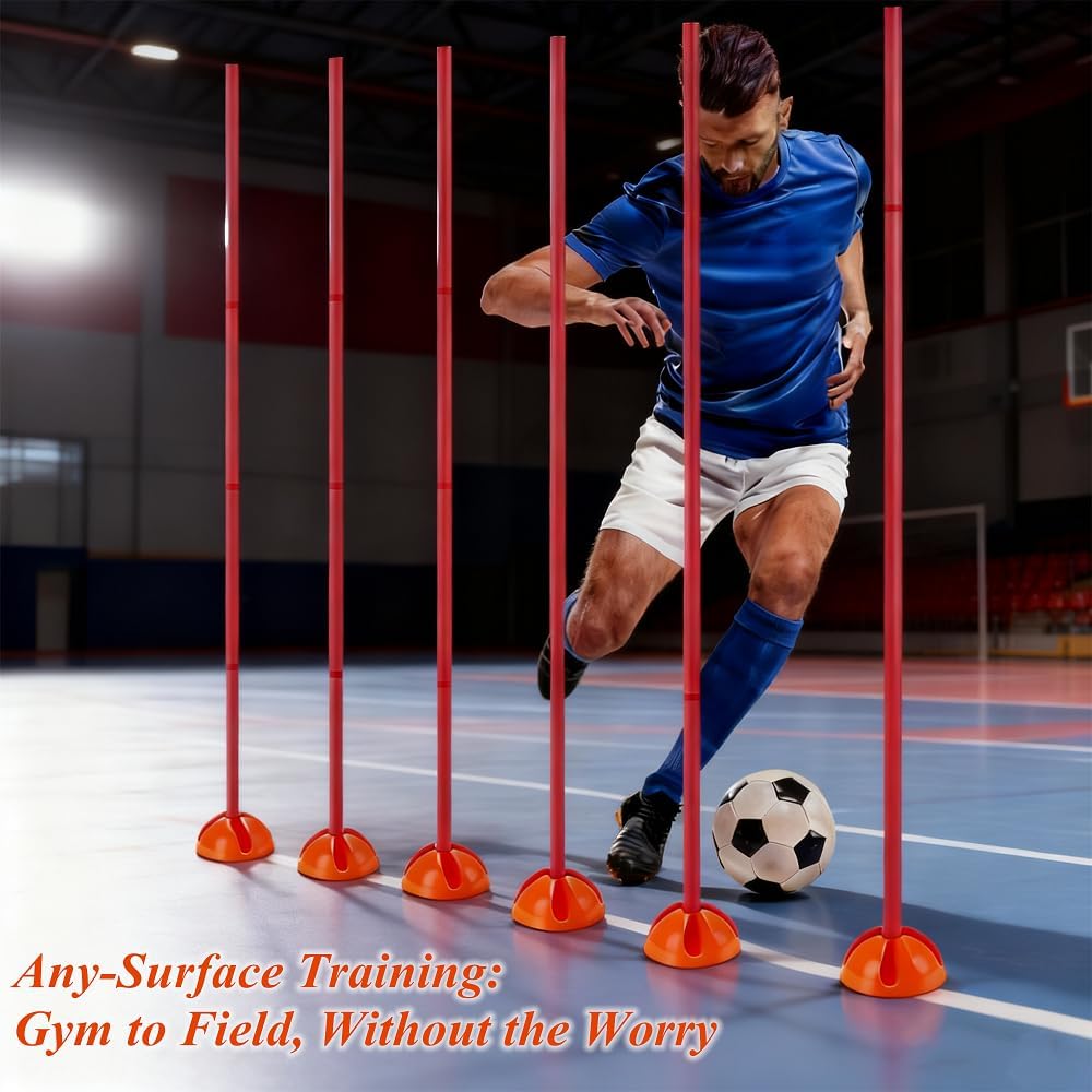 6PCS 6FT Adjustable Soccer Agility Training Poles, Soccer Agility Training Equipment with 20 ft Speed Ladder, 12 Disc Cones and Weighted Jump Ropes, Speed & Agility Turf Training Poles Drills