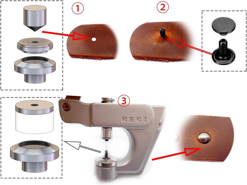 Rivets for Leather, 8mm Leather Rivet Kit, 3 Color Leather Rivets and Snaps for Leather Crafts, Clothes, Shoes, Leather Boots, Bags, Decoration