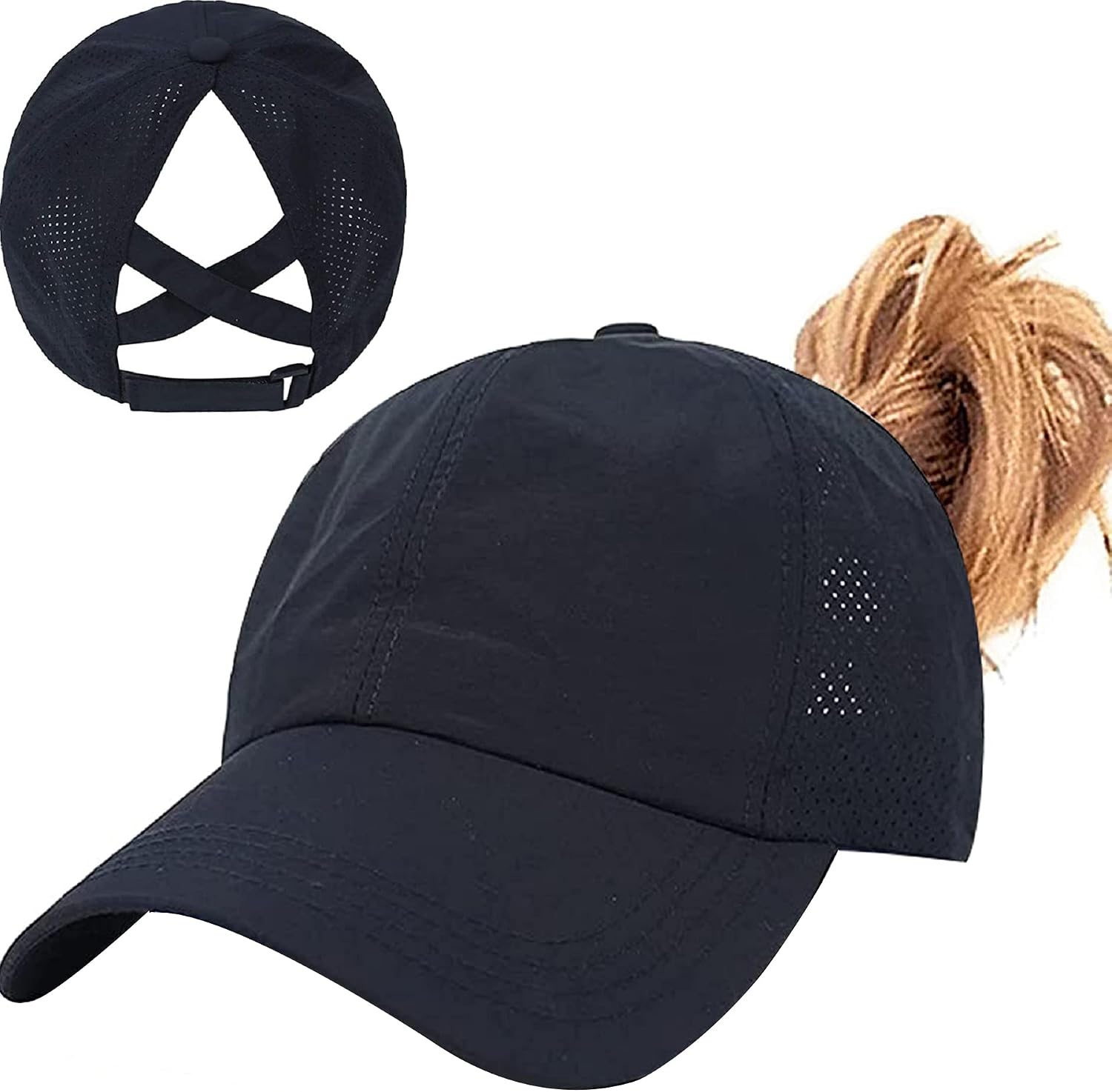 Womens Ponytail Hat Baseball Cap, Adjustable Criss Cross Baseball Cap High Bun Unisex Quick Drying Trucker Hats