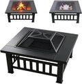 3-in-1 Multifunctional Square Fire Pit Table, 32-Inch Outdoor Metal Fire Pit with Ice Bucket, Black Powder Coated Iron, Charcoal Fueled