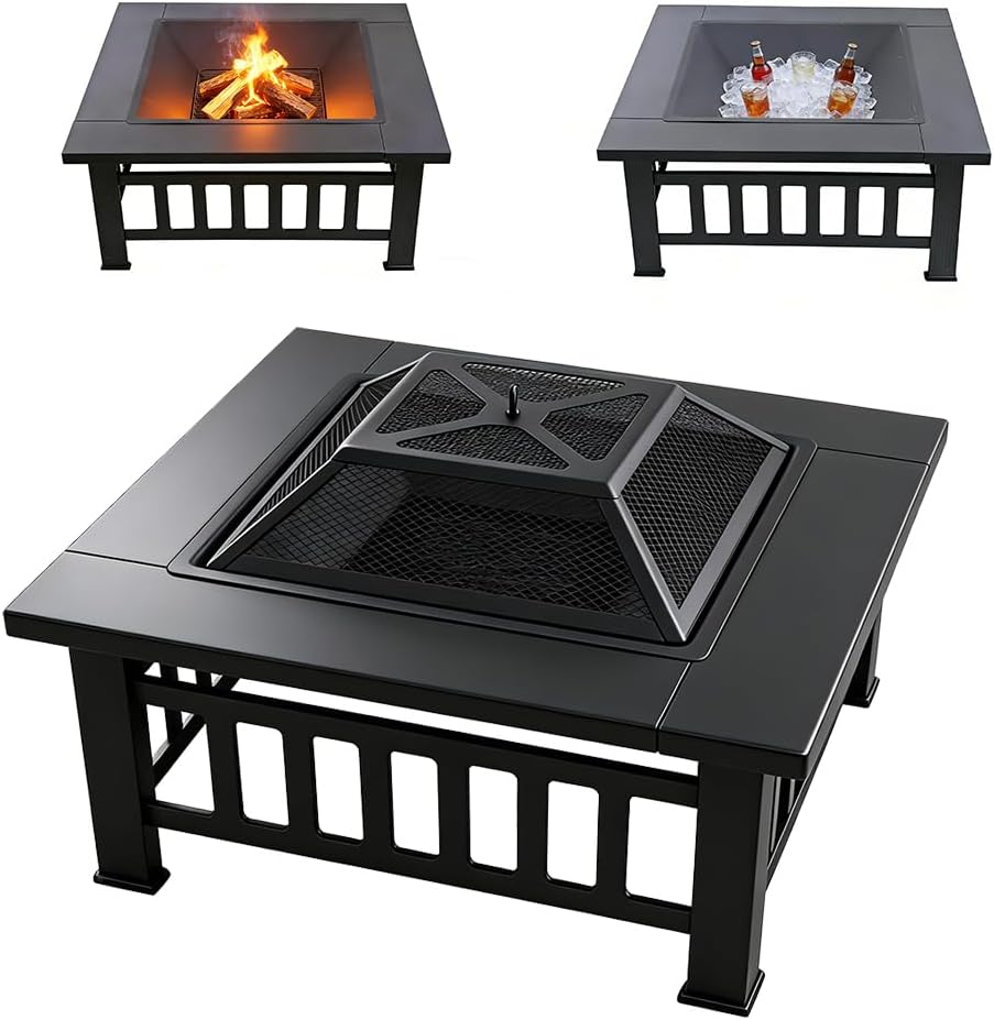 3-in-1 Multifunctional Square Fire Pit Table, 32-Inch Outdoor Metal Fire Pit with Ice Bucket, Black Powder Coated Iron, Charcoal Fueled