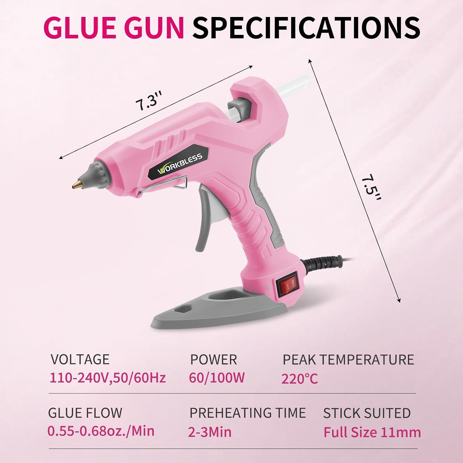 Hot Glue Gun Large 60W/100W Dual Temp W/Full Size Stick Set,Pink