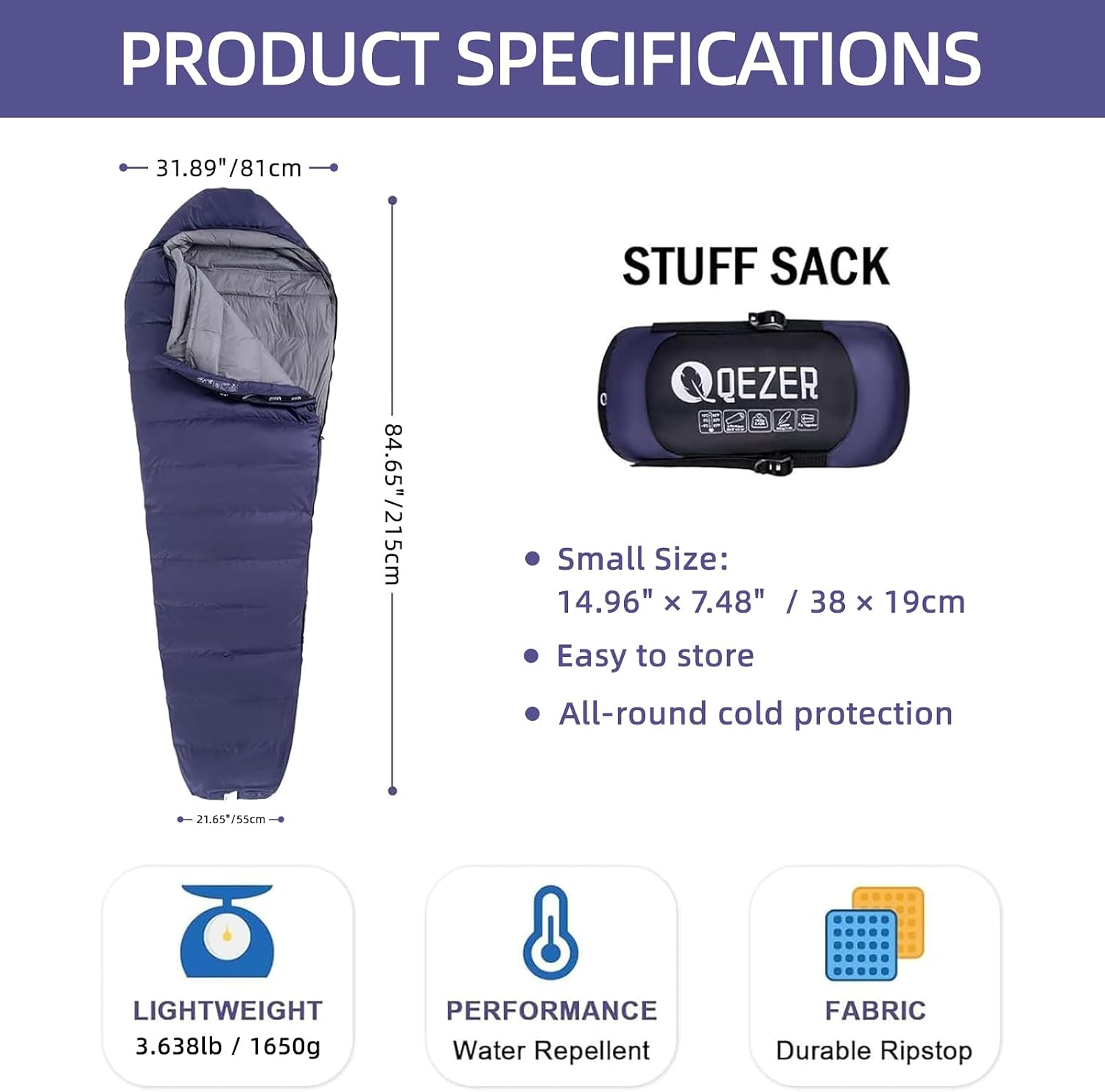Down Mummy Sleeping Bag for Adults, 600 Fill Power Backpacking