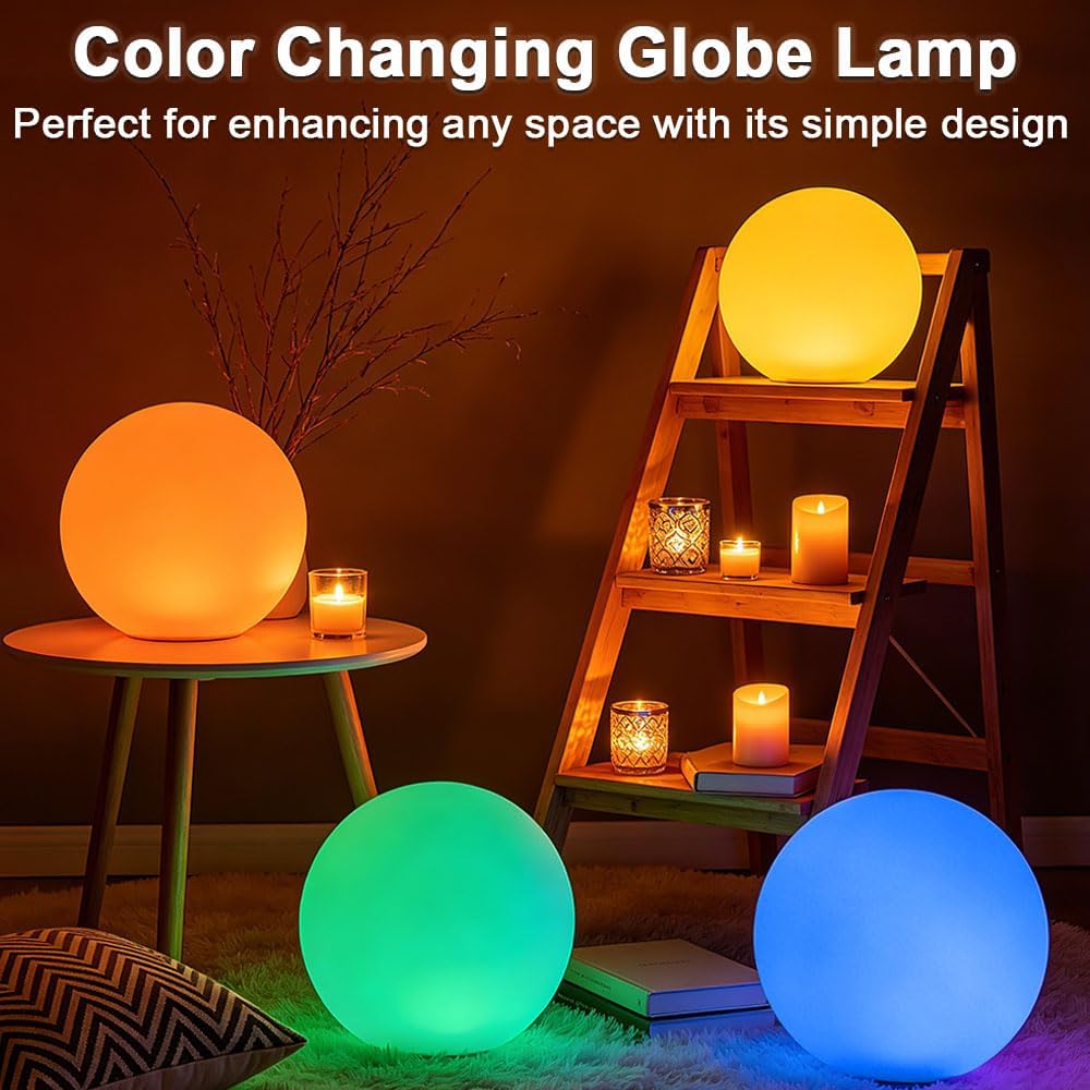 14-in LED Ball Light, Rechargeable Outdoor Globes Light Dimmable RGB Color Changing Globe Floor Lamp w/Remote, Modern Versatile LED Globe Orb Lights Waterproof Glowing Orb Lamp for Home Yard Lawn Path