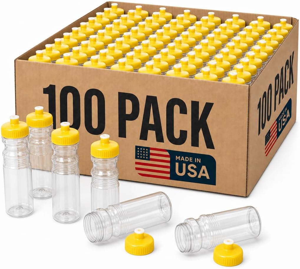 Rolling Sands Reusable Bulk Water Bottles 100 Pack - 24 Oz Sports Water Bottles, USA Made, BPA-Free, Wide Mouth for Easy Cleaning, Break Resistant - Translucent Clear Bottle/Yellow Lid
