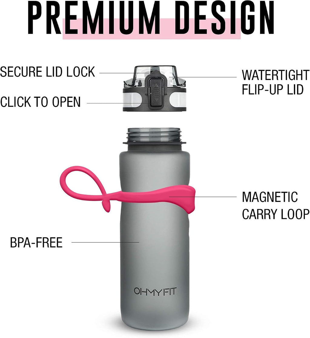 Tritan Sports Water Bottle with Magnetic Silicone Carry Strap & One Click Open Cap - Magnetic Drink Holder for Metal Equipment - Bottle w/Straps for Backpack, Belt & More (18oz, Fuschia)