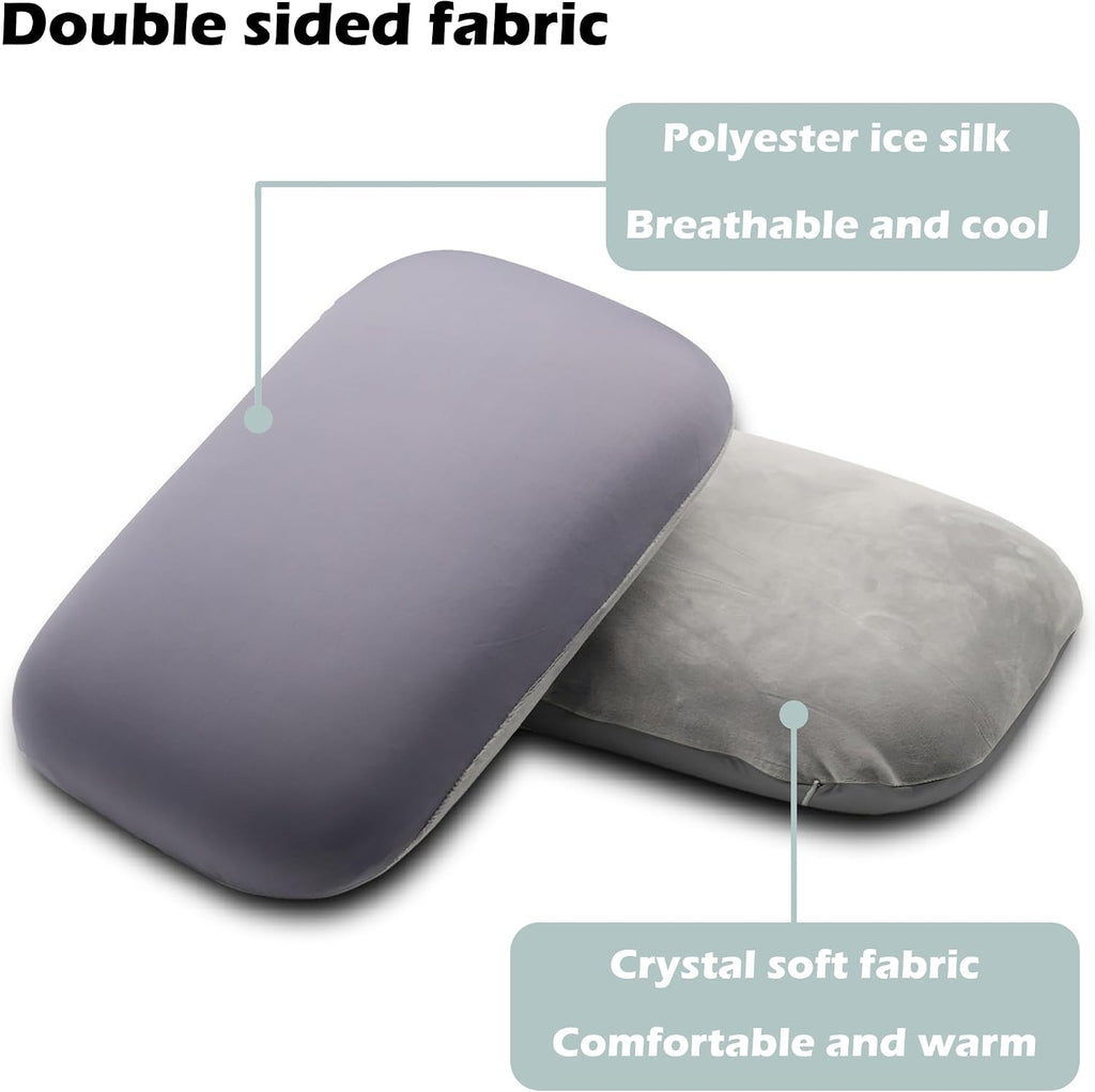 Small Travel Camping Pillow, Double-Sided Fabric Pillow with Adjustable Buckle Strap & Storage Bag, Compact Small Pillow for Airplane, Car Lumbar, Office, Washable Cover, Glacier Blue