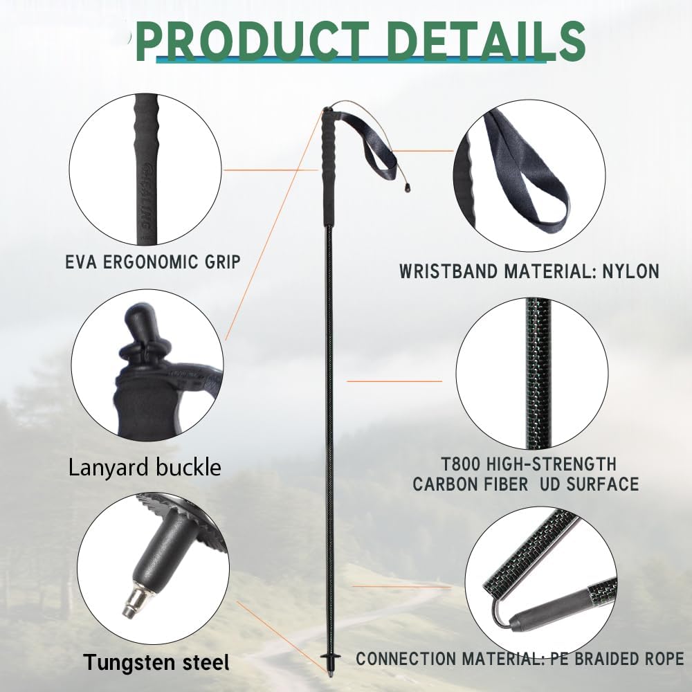 2pc High Strength 5-Section Foldable Carbon Fiber Trekking Poles - 115g/125g/130g, Compact Hiking Staff for Men & Women, Ideal for Hiking, Trekking, Mountaineering & Backpacking