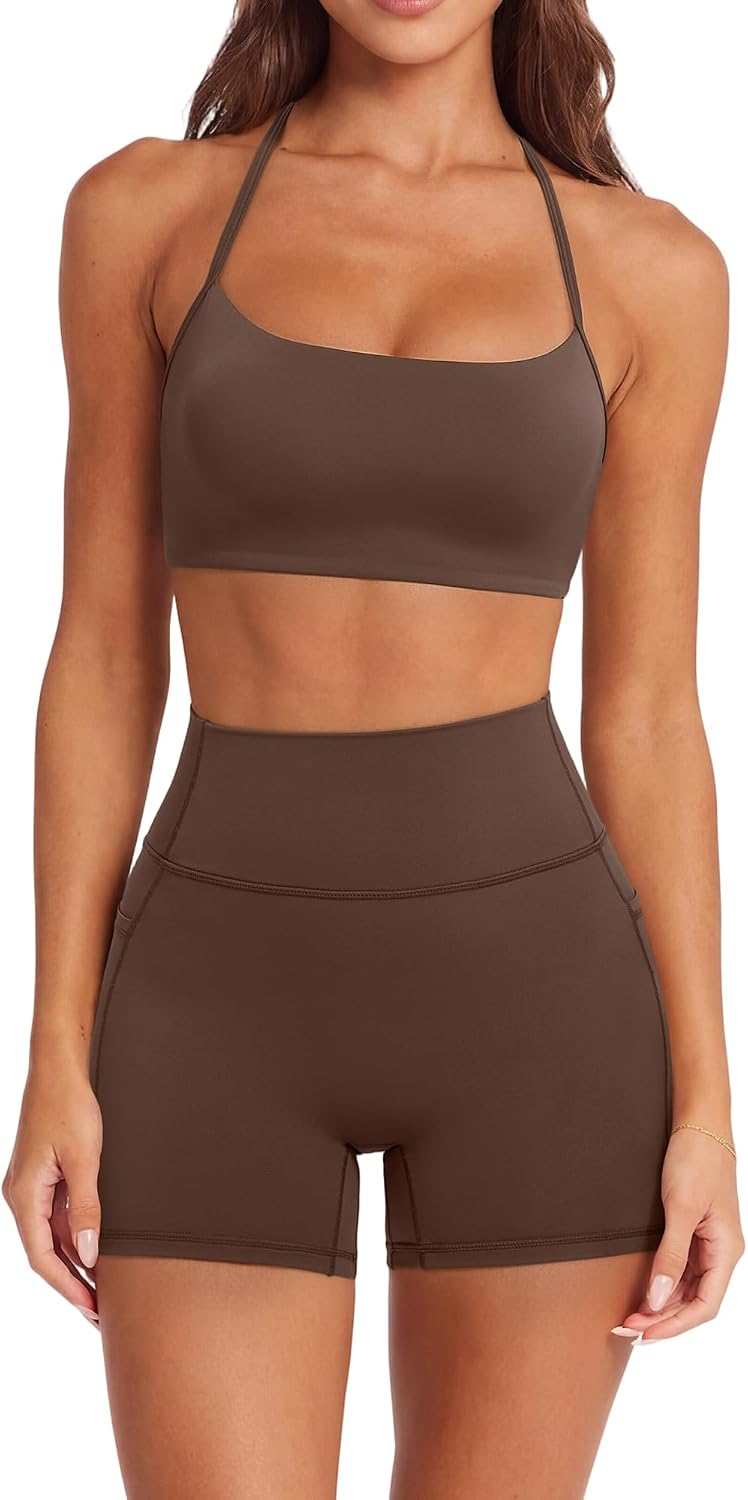 SUUKSESS Women 2 Piece Workout Sets Padded Halter Sports Bras High Waisted Biker Shorts with Pockets
