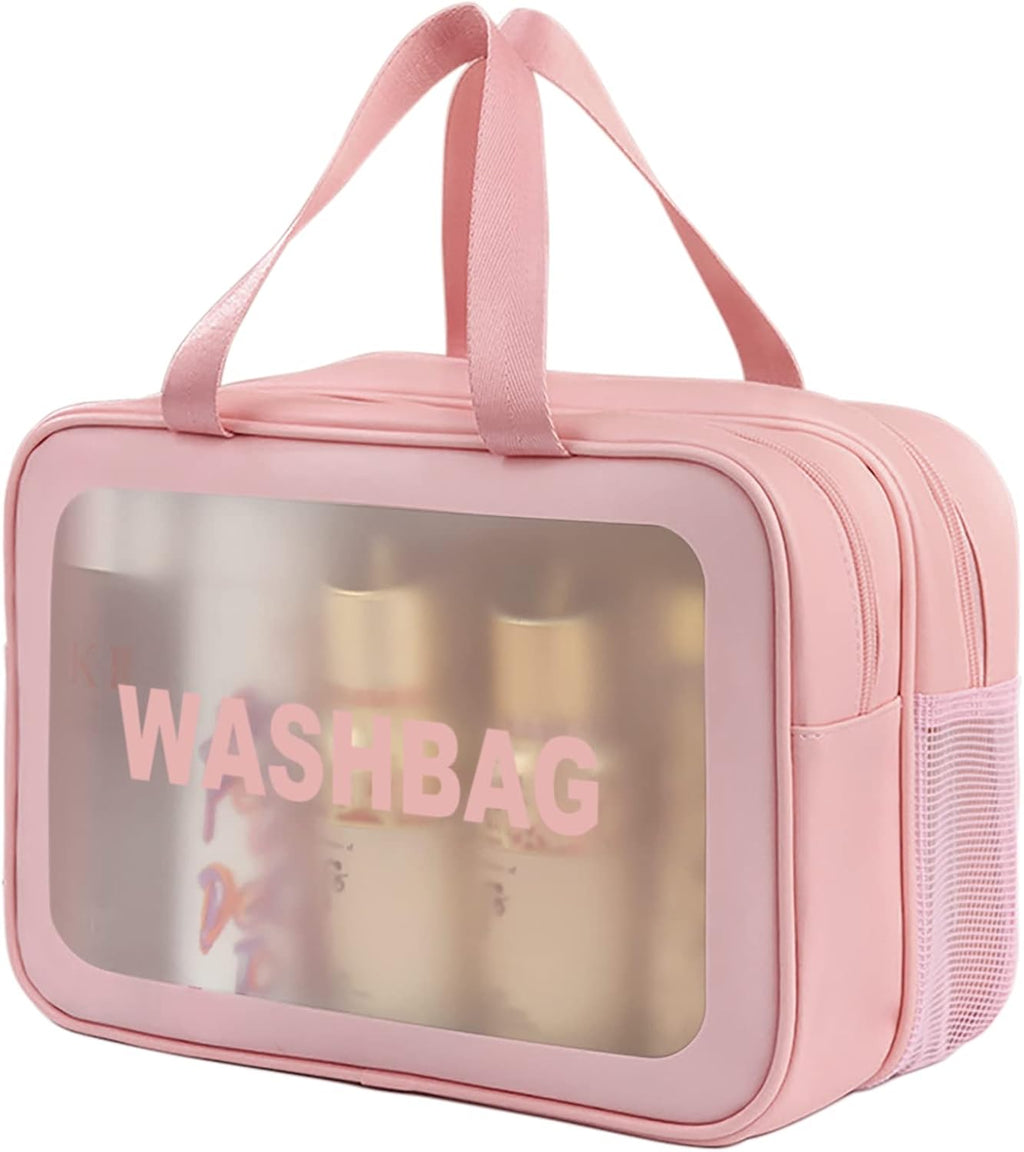DAPOWER Travel Toiletry Bag for Women, Matte Translucent Toiletry Bag with Handy Handle, Makeup Cosmetic Organizer Bag for Travel Toiletries Accessories (Pink-XL)