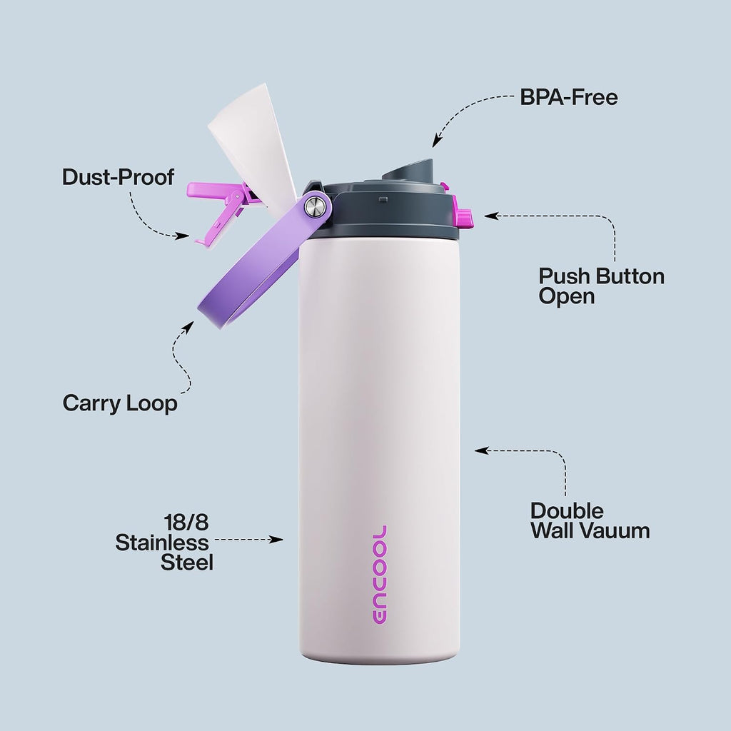 Insulated Water Bottle with Straw - Encool Stainless Steel Water Bottle with Push Button Lid, Leak-Proof & BPA-Free, Keeps Cold for 24 Hours for Sports, Travel, Gym (24 oz, Oyster Pink)