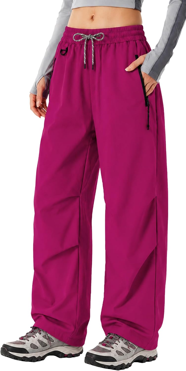 FEOYA Waterproof Pants Women Light Rain Pants Parachute Drawstring Cuffs